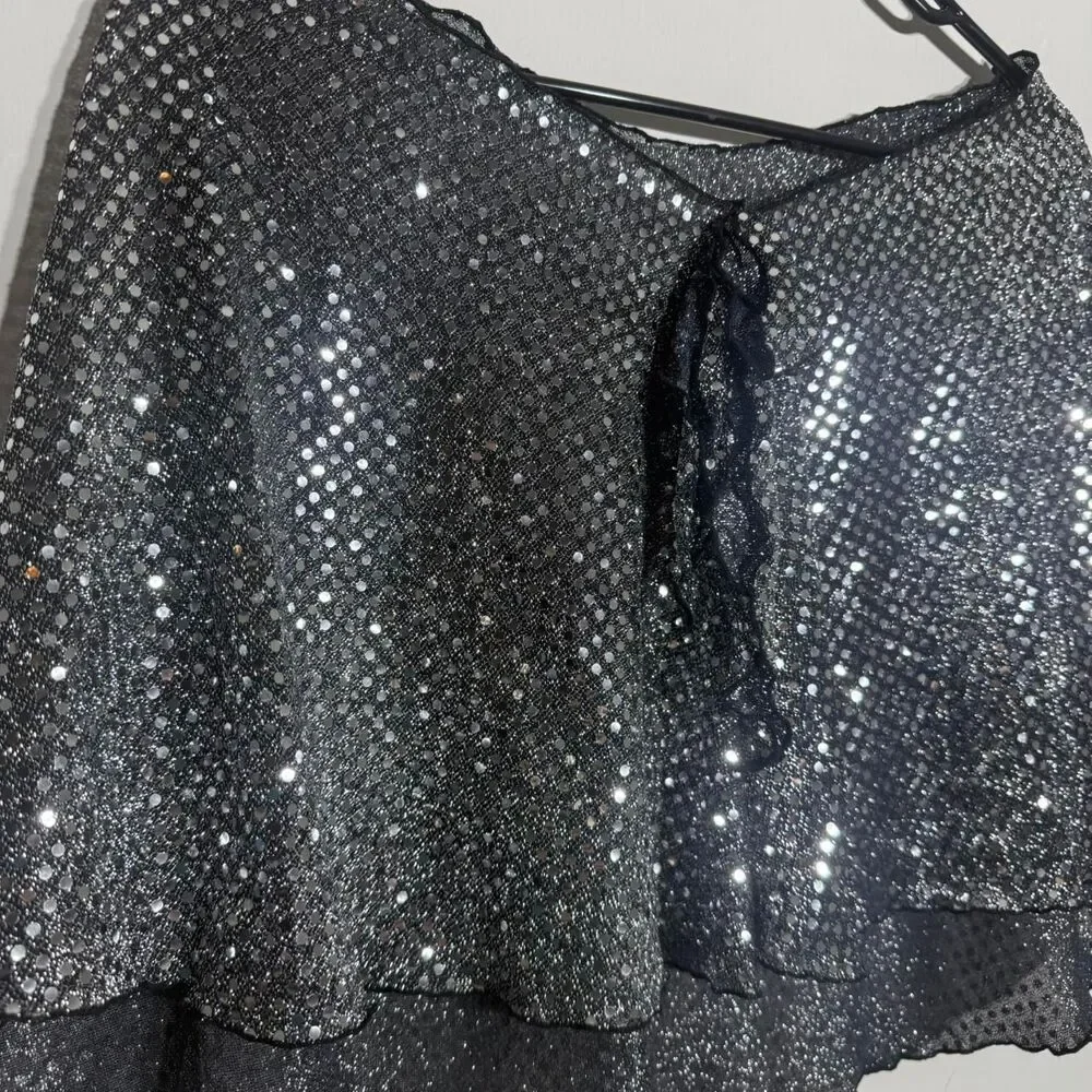 Y2K Black Silver Sequin Cape with tie detail Versatile Party Festival Accessory - Picture 3 of 8